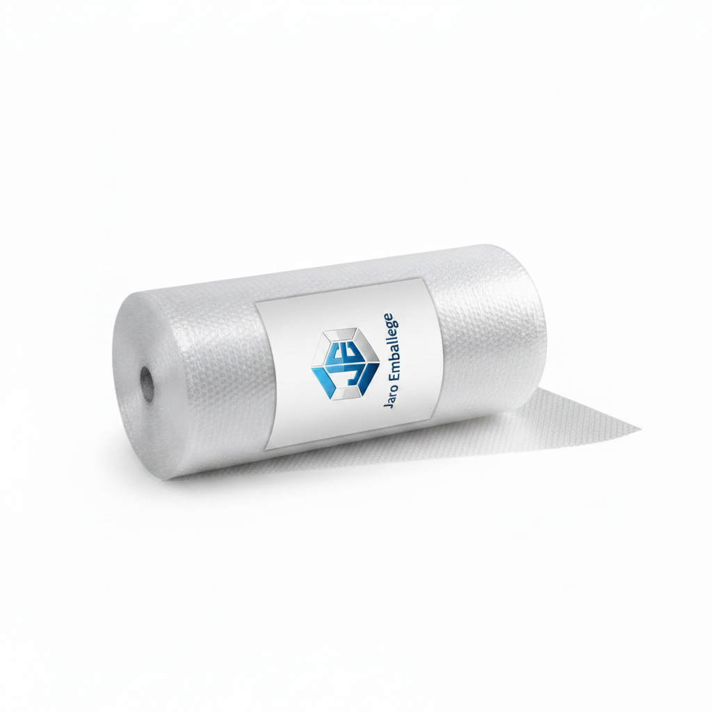 Rouleau de papier bulle 100 cm x 100 m posé à l'horizontale avec étiquette Jaro Emballage – Film à bulles transparent grande largeur, lot de 50 rouleaux, 35 ou 60 microns