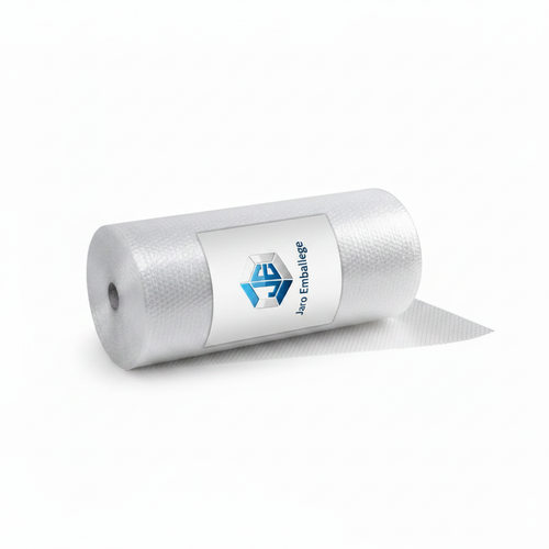 Rouleau de papier bulle 100 cm x 100 m posé à l'horizontale avec étiquette Jaro Emballage – Film à bulles transparent grande largeur, lot de 50 rouleaux, 35 ou 60 microns